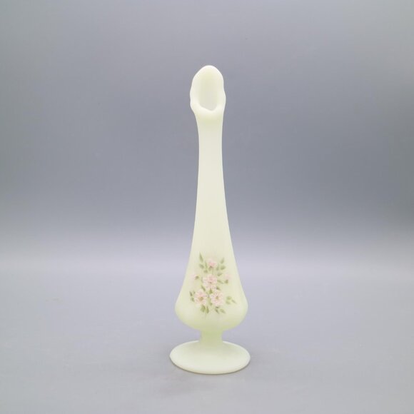 Fenton Yellow Satin Custard Glass Hand Painted Swung Vase Pink Blossoms Signed - Picture 8 of 10